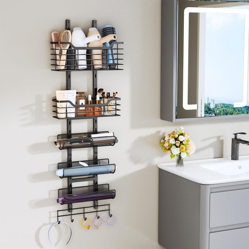 Consumest 6-Tier Hair Tool Organizer - Hair Dryer Holder Over The Door/Wall Mounted DIY Adjustable Shelf Bathroom Door Organizer with Hook for Curling Iron/Blow Dryer/Straightener Black