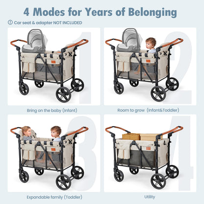 ZTDM Wagon Stroller for 4 Kids, All-Terrain Wagon for Toddler with Canopy, Parent Organizer, Shoulder Bag, Adjustable Handlebar, Phone Holder, High Seat & 5 Point Harness, Ultimate Quad (Beige)
