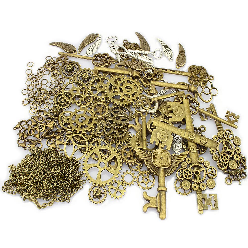 LolliBeads® 230 Gram Antiqued Bronze/Silver Metal Skeleton Keys and Wings, Bronze Steampunk Watch Gear Cog Wheel, Chains, Clasps and Jump Rings DIY Kits (300 Pcs)
