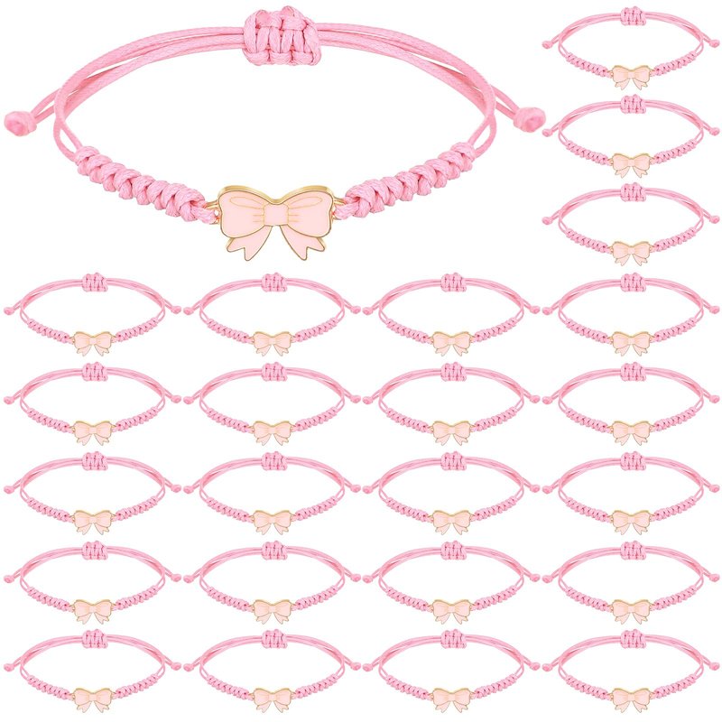 Liliaafar 24 Pack Coquette Pink Bow Braid String Bracelets Gift Bulk Cheerleader Adjustable String Rope Braided Birthday Party Favor for Cheer Dance Team Friends Gift