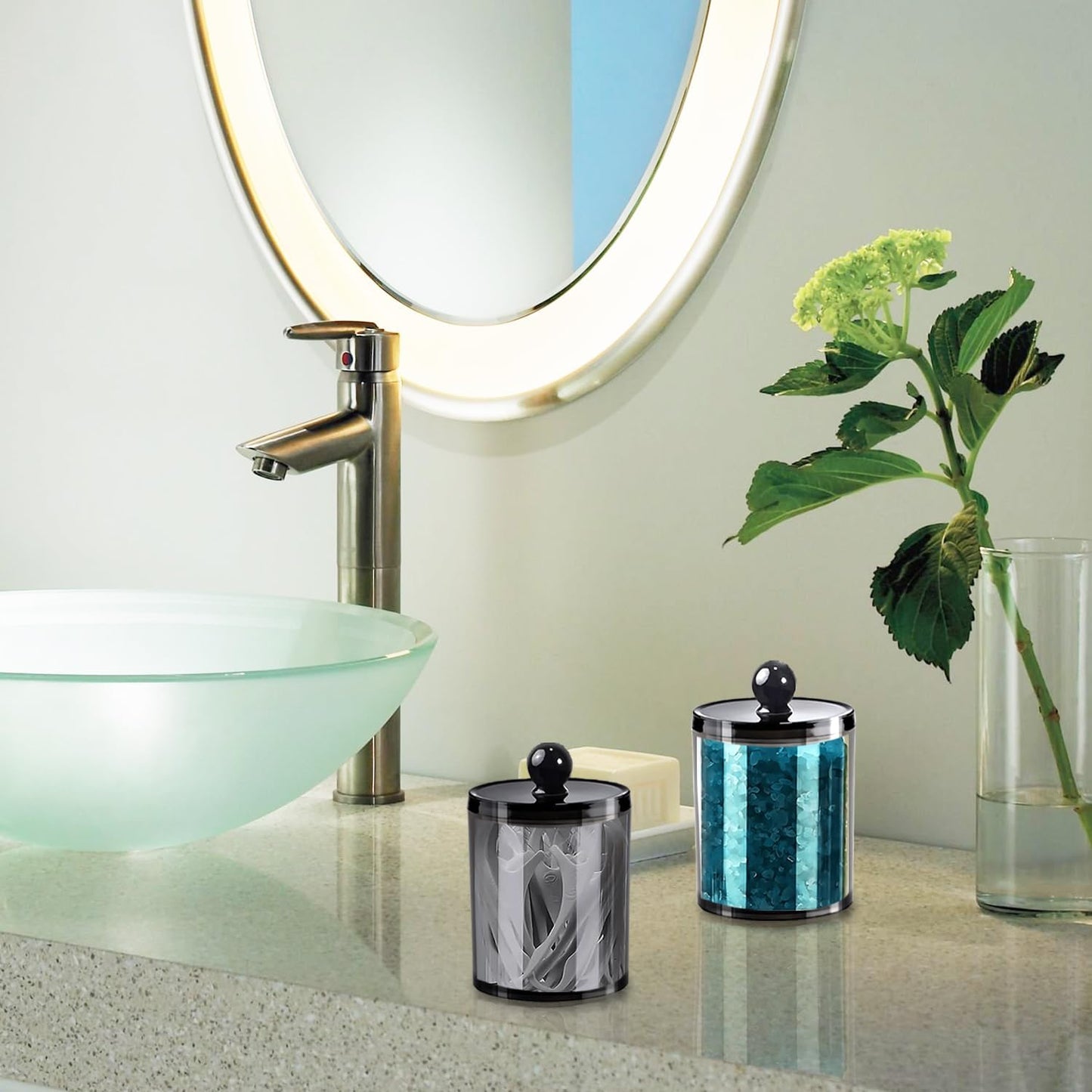 Skiennix Cotton Bud Dispenser - Clear Black Round Holder | 10 oz Apothecary Jar for Bathroom Storage