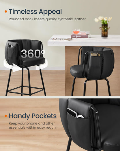 SONGMICS HOME 360° Swivel Bar Stools Set of 4, Barstools with Curved Back, Upholstered Counter Bar Stools with Footrest, Metal Tapered Legs, for Kitchen Island, Dining Room, Ink Black ULBC123BH01S-2J