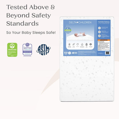 Delta Children Twinkle Galaxy Limited 4-inch Mini Crib Mattress - Premium Sustainably Sourced Fiber Core - Waterproof - GREENGUARD Gold Certified (Non-Toxic) - 5 Year Warranty - Made in USA