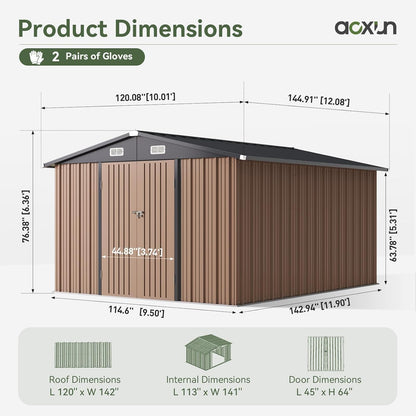 Aoxun 10 x 12FT Outdoor Storage Shed with Double Hinged Large Door Metal Sheds Outdoor Storage for Garden Utility Garden Shed with Lockable Door & Sloped Roof, Backyard, Patio and Backyard, Brown