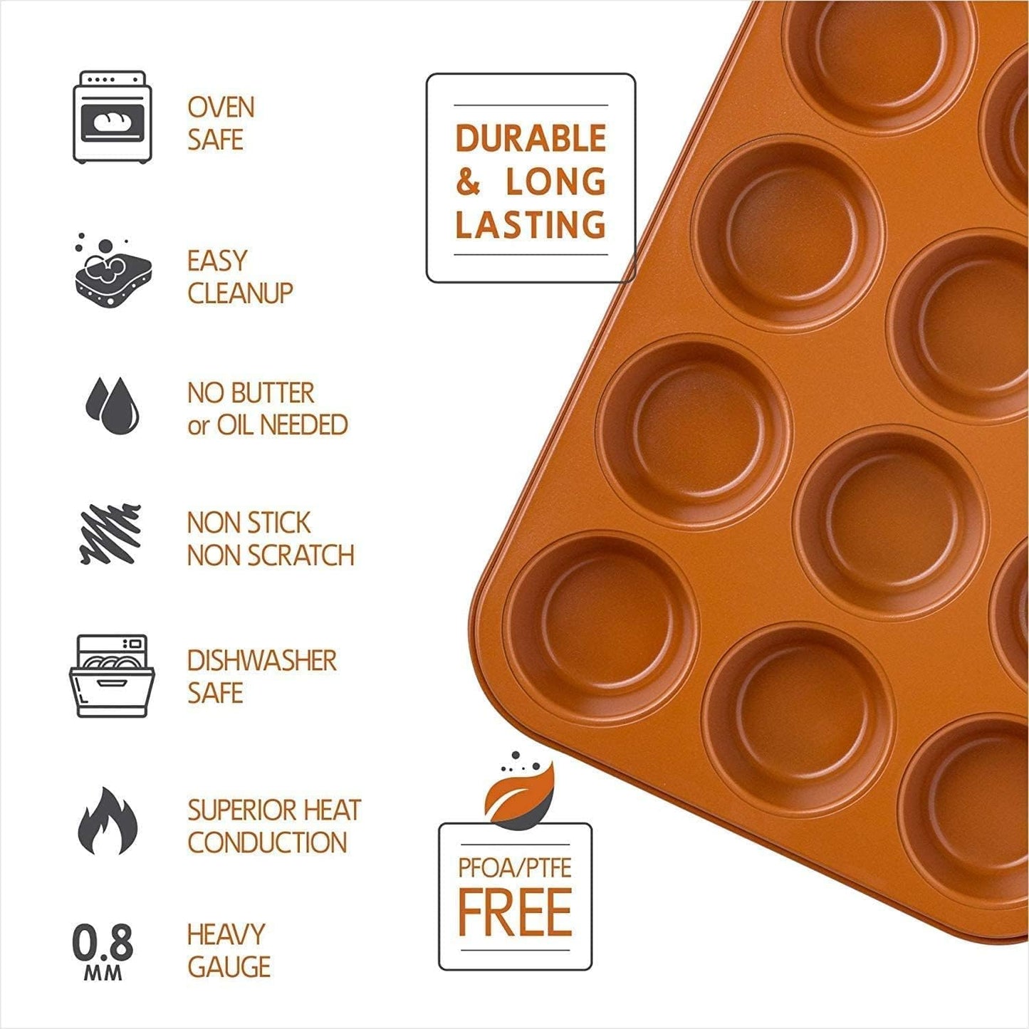 Copper Professional Healthy 12 Cup Cake and Muffins Baking Pan Sheet, Oven and Dishwasher Safe