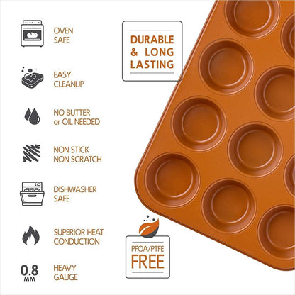 Copper Professional Healthy 12 Cup Cake and Muffins Baking Pan Sheet, Oven and Dishwasher Safe