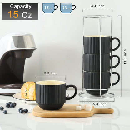 HASENSE Coffee Mug Ceramic Set of 4 with Stand, Stackable Large Latte Cups with Metal Stand, Dishwasher & Microwave Safe, Black for Cappuccino Tea Hot Cocoa