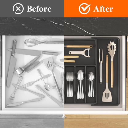 Lifewit Silverware Drawer Organizer, Expandable Utensil Tray for Kitchen, BPA Free Flatware and Cutlery Holder, Adjustable Plastic Storage for Spoons Forks Knives, 8.5"-14.1" x 12.1", Black