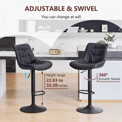 Kidol & Shellder Adjustable Bar Stools Set of 2, Faux Leather Counter Height BarStools with Back, Modern Mid Century Upholstered Bar stools for Kitchen Island Black