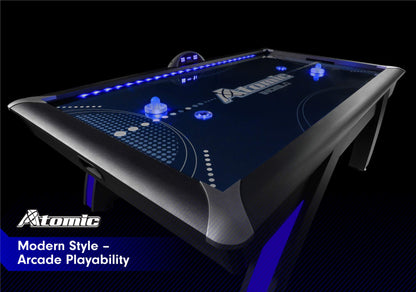 Atomic 90” Indiglo LED Light Up Air Hockey Table – Fully Illuminated Arcade Style Table with LED Scoring, Light Up Pucks & Pushers, in‑Rail Lighting and Music