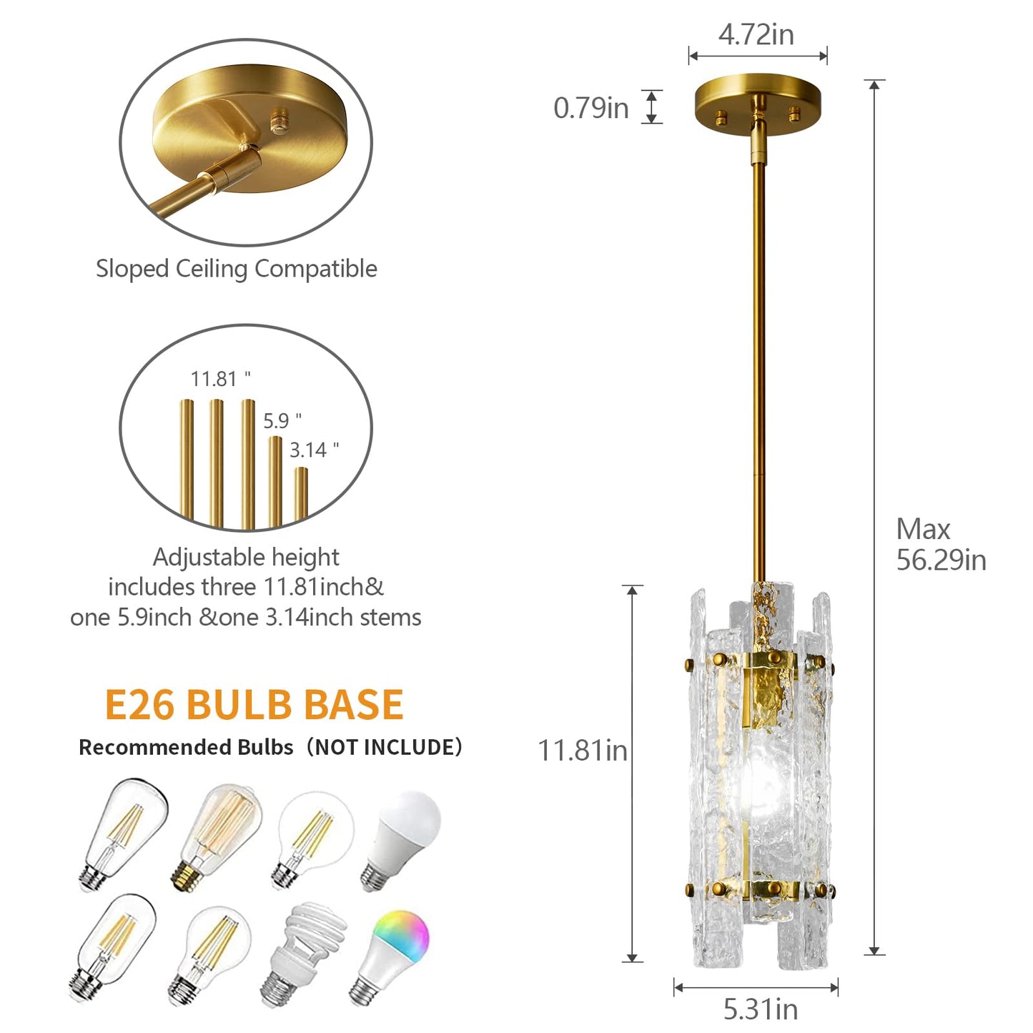 LIANGMH Modern Crystal Pendant Lighting Gold Pendant Lights Mini Glass Chandeliers, Adjustable Pendant Light Fixture for Kitchen Island Bedroom Living Room Dining Room Corridor(3Pack)