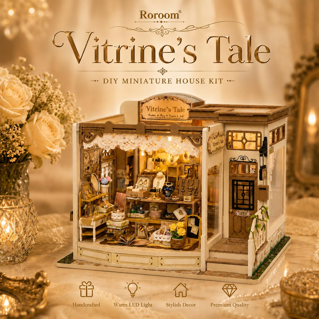Roroom DIY Miniature Doll House with Furniture Dollhouse Kit for Adults and Teens,Booknook Tiny House Bookshelf Decor Mini 3D Wooden Puzzle, Gifts for Family, Friends (Vitrine's Tale)
