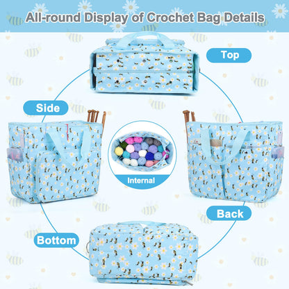 Yarn Storage Organizer Travel Crochet Bag, Large Capacity Tote Bag Knitting Bag for Carrying Projects, Knitting Needles, Crochet Hooks and Yarn, Blue Floral and Bees