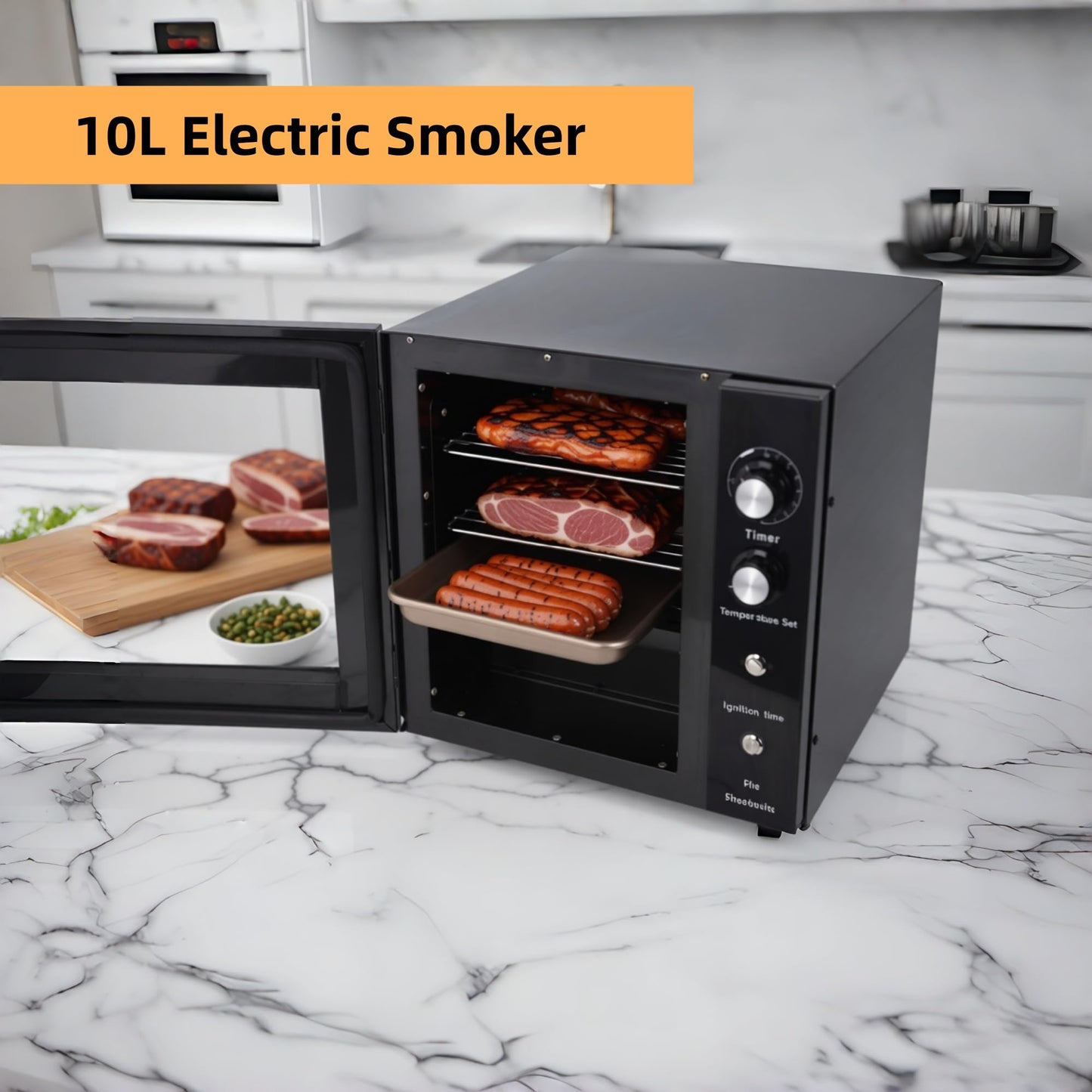 Clivia Electric Vertical BBQ Smoker 10L,Smoker Grill 30-110℃/800W,Heavy Duty Square BBQ Grill Multi-Function Cabinet for Outdoor Cooking or Kitchen and Party，Black