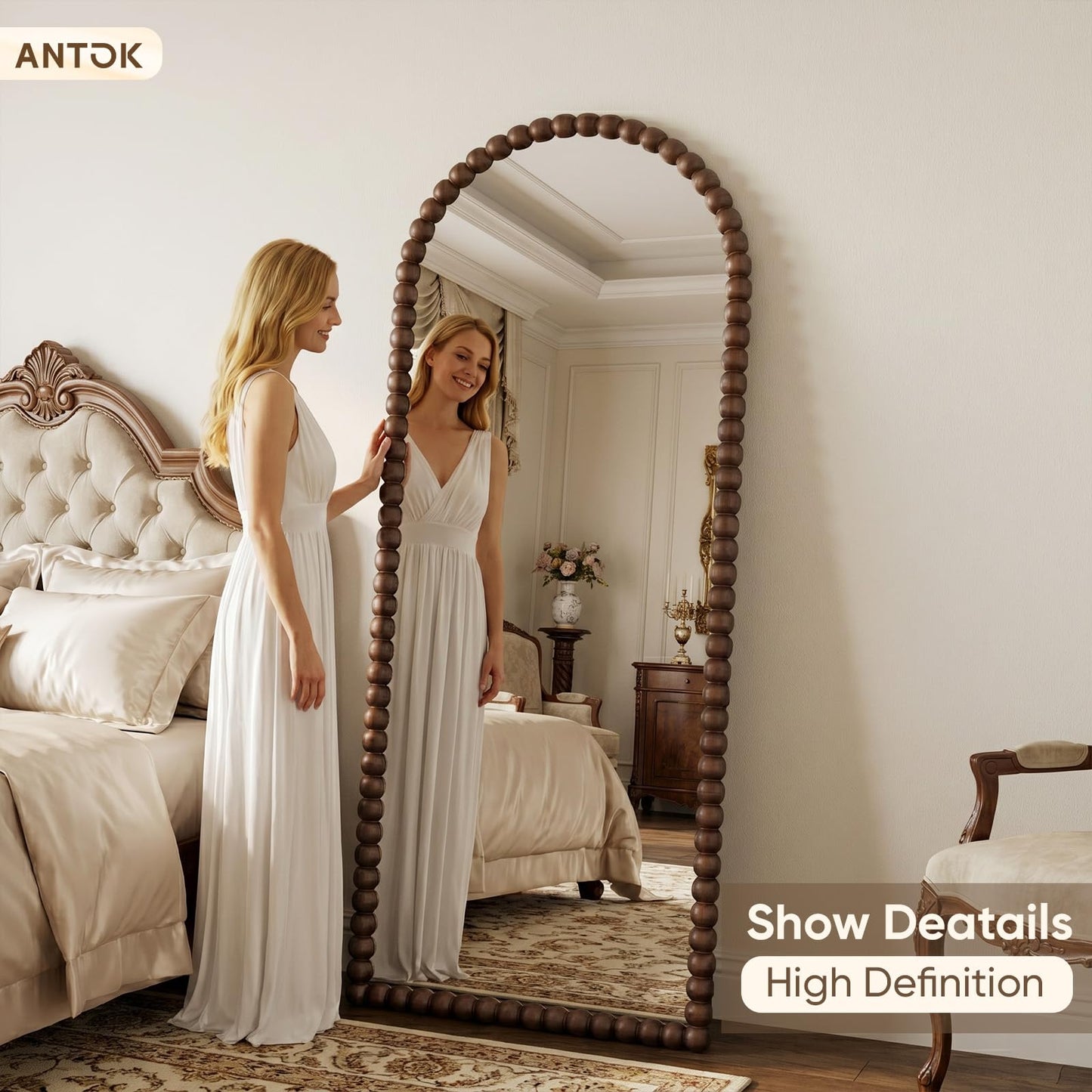 Antok 71" x 28" Arched Full Length Mirror, Antique Beaded Frame Floor Standing or Wall Mounted Mirror with Stand for Bedroom, Entryway, Brown, Luxury Style