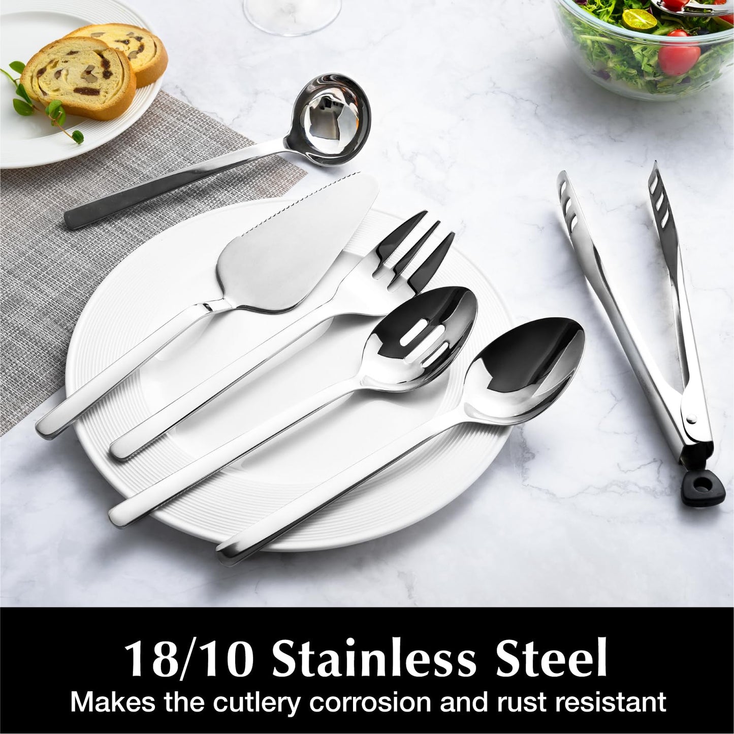 KINGSTONE Large Hostess Serving Utensils Set, 18/10 Stainless Steel Heavy Duty 10-inch Serving Utensils, Slotted Spoons, Forks, Tongs, Cake Pie Server for Buffet, Wedding, Party