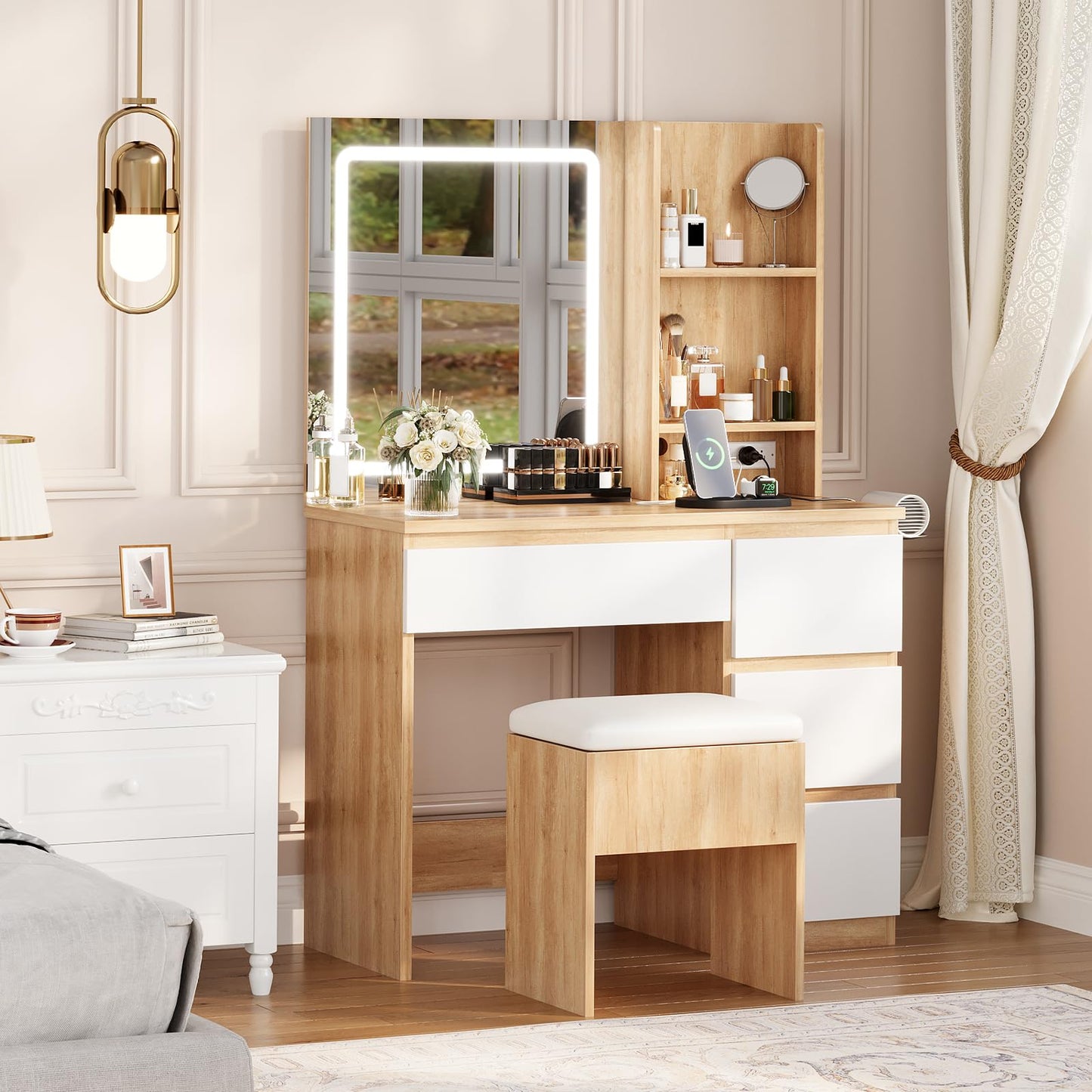 Vanity Desk with Mirror and LED Light, Vanity Desk with 4 Drawers, Power Outlet, Storage Stool, Open Shelves, Hairdryer Holder, Adjustable 3 Lighting Mode, Makeup Vanity Set for Bedroom, Wood Color