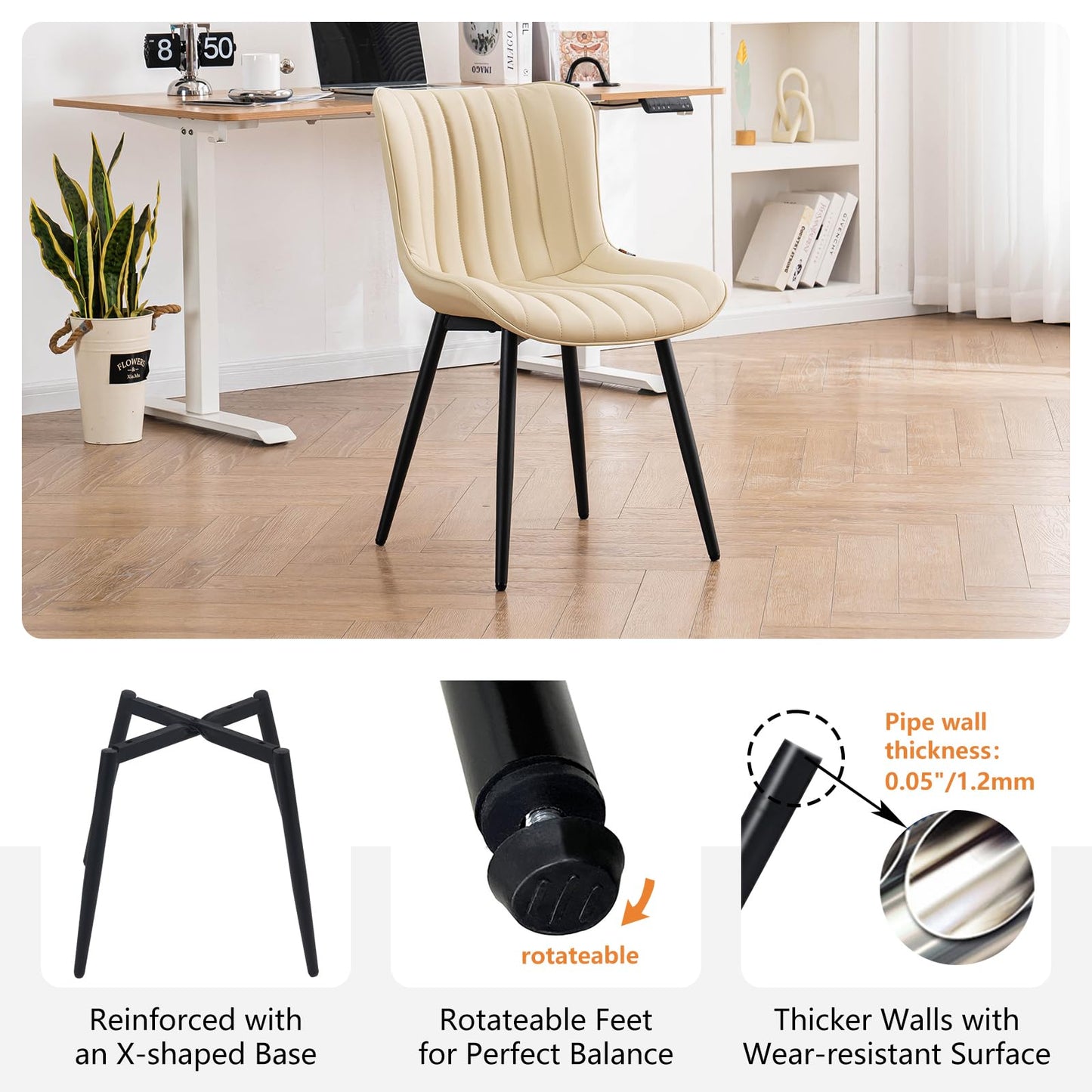 YOUNUOKE Mid-Century Modern Dining Chairs Set of 2, Beige PU Leather Upholstered Kitchen Chairs with Black Metal Legs, Armless Accent Chair for Dining Room, Guest Reception Room