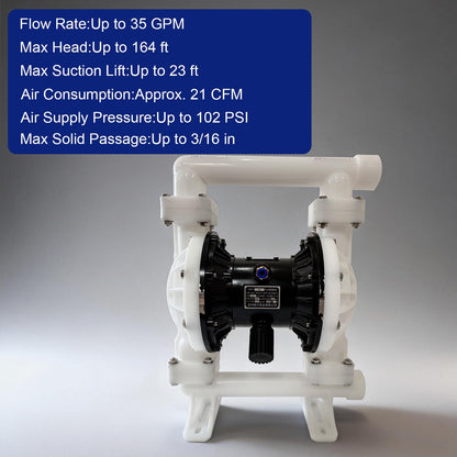 Air Operated Double Diaphragm Pump, 35 GPM and Max 100 PSI Oil Transfer Tump Polypropylene Body, 1.5" Inlet/Outlet 164 ft Lift 23 ft Suction for Diesel Grease Oil Transfer