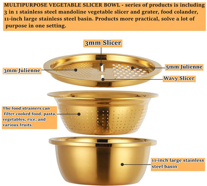 QOBIMOON 3PC/Set Colander set Stainless Steel Vegetable Slicer Fruit Potato Peeler Carrot Grater Strainer Utensil Round Rice Washer Bowl Drain Basket-Gold
