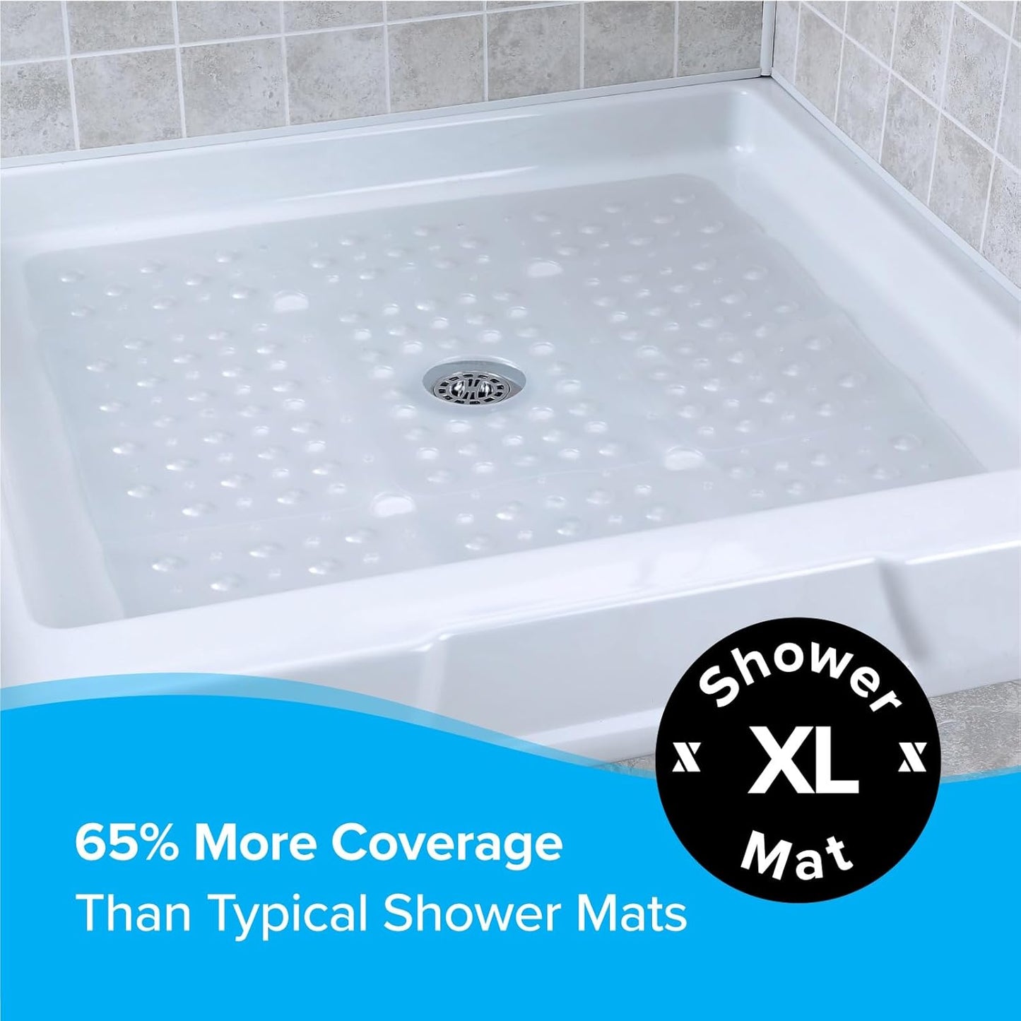 SlipX Solutions 27" Oversize Square Shower Mat - Non-Slip Mat for Elderly & Kids, Machine Washable, White Pearl