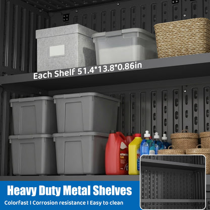 EHHLY Vertical Resin Storage Shed with 2 Shelves, 60 Cuft Garden Tool Sheds & Outdoor Storage, Plastic Outdoor Storage Cabinet Waterproof, 4.5 x 2.3 ft Backyard Outside Lawn Mower Storage Shed, Grey