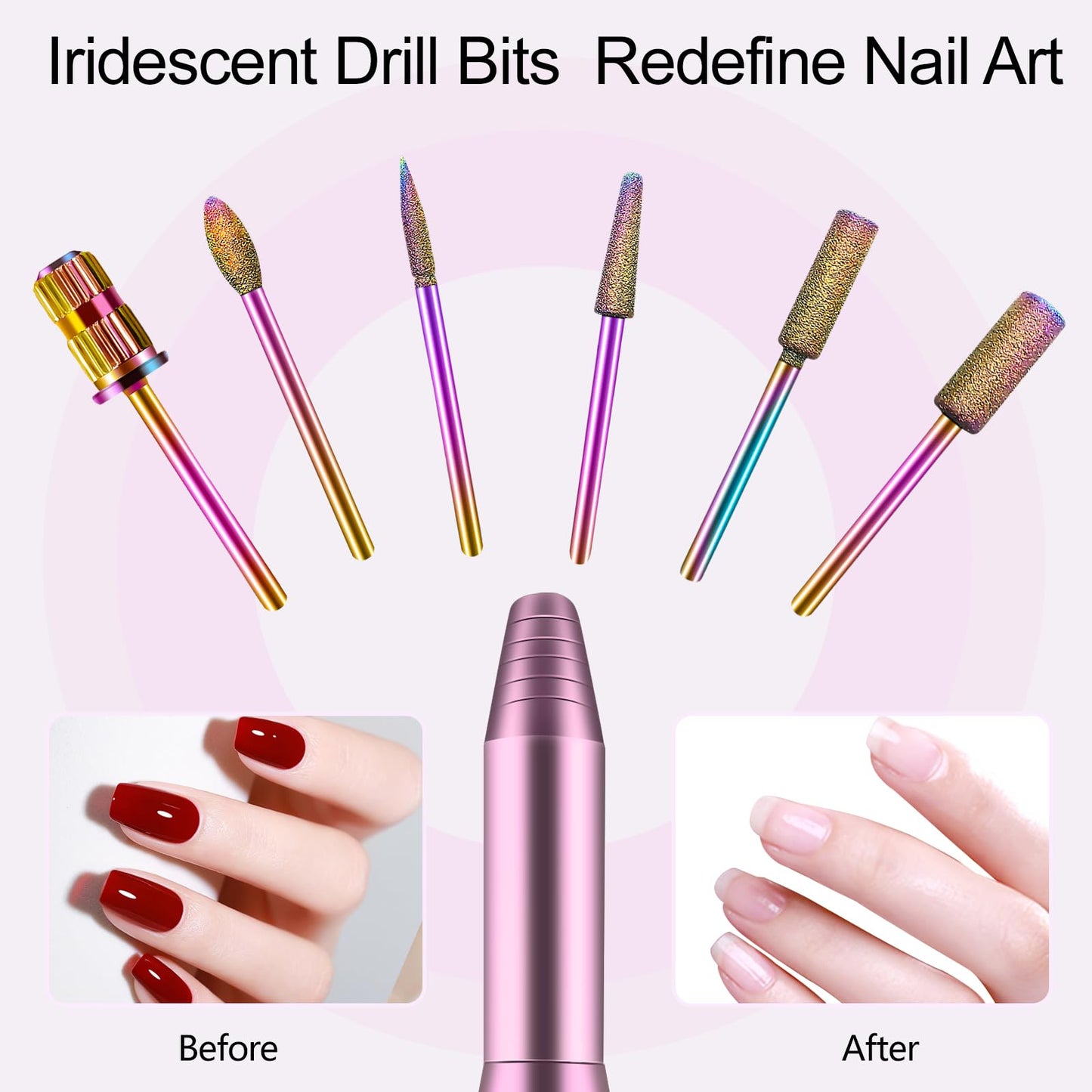 Electric Nail Drill, Professional Acrylic Nail Drills Machine for Gel, Acrylic Nails, Portable USB Electric Nail File Efile Set with Iridescent Nail Drill Bits, Manicure Pedicure Nail Tools