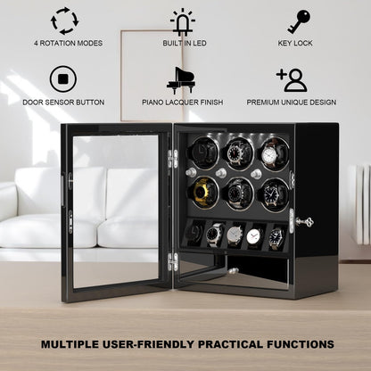 DUKWIN Watch Winder for 6 Automatic Watches,Lockable Watch Winders with Watch and Jewelry Storages, Super Quiet Mabuchi Motor with High-Gloss Piano Lacquer Finish,Built-in Illumination-Black