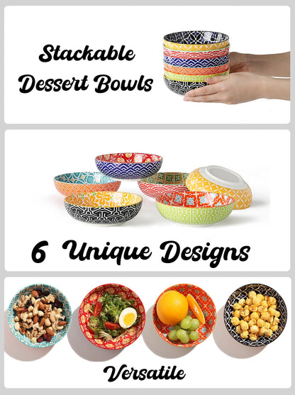 Metahom Small Dessert Bowls, Ceramic Snack Bowls for Kitchen, 11 Oz Colorful Shallow Bowl Set for Ice Cream, Condiments, Side Dishes, Set of 6, Dishwasher & Microwave Safe