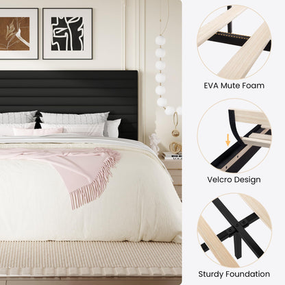 SHA CERLIN King Size Platform Bed Frame with Adjustable Headboard, Velvet Upholstered Bed with Under-Bed Storage, Modern Horizontal Channel Tufted, Wood Slats Support, No Box Spring Needed, Black