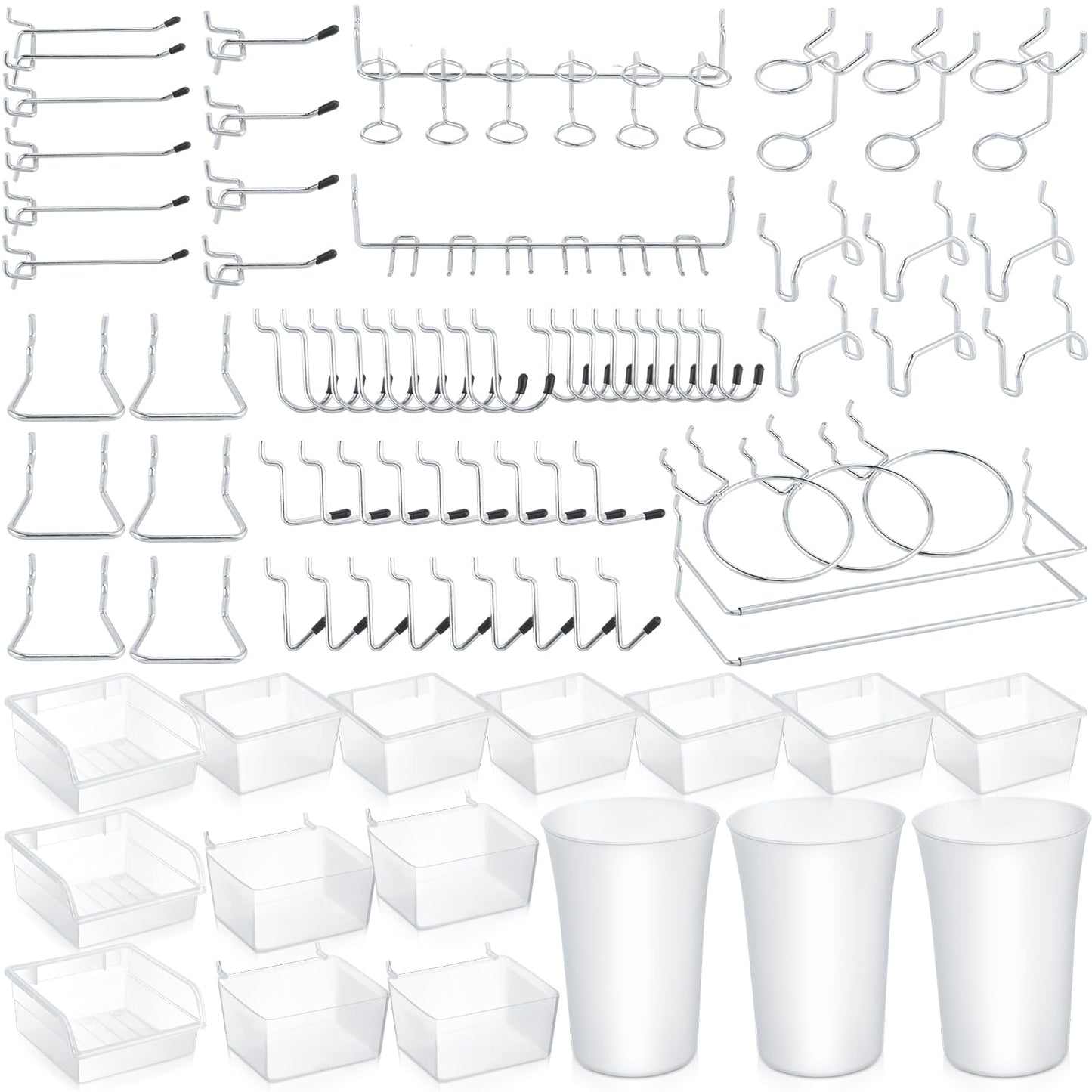 Zubebe 106 Pcs Pegboard Hooks Assortment with Bins, Pegboard Accessories Organizer Kit Include Bins with Hooks and Loops Paper Towel Craft Holder for Hanging Tool(Silver, Clear)