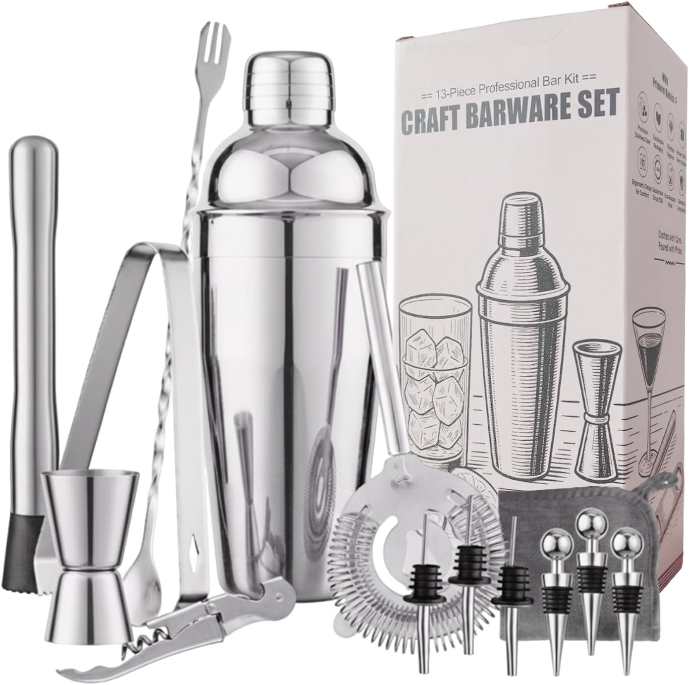 13-Piece Set Set Bartender Kit Bar Tool Boston Cocktail Shaker with Muddler,Strainer,Jigger,SpoonHome Bar Accessories