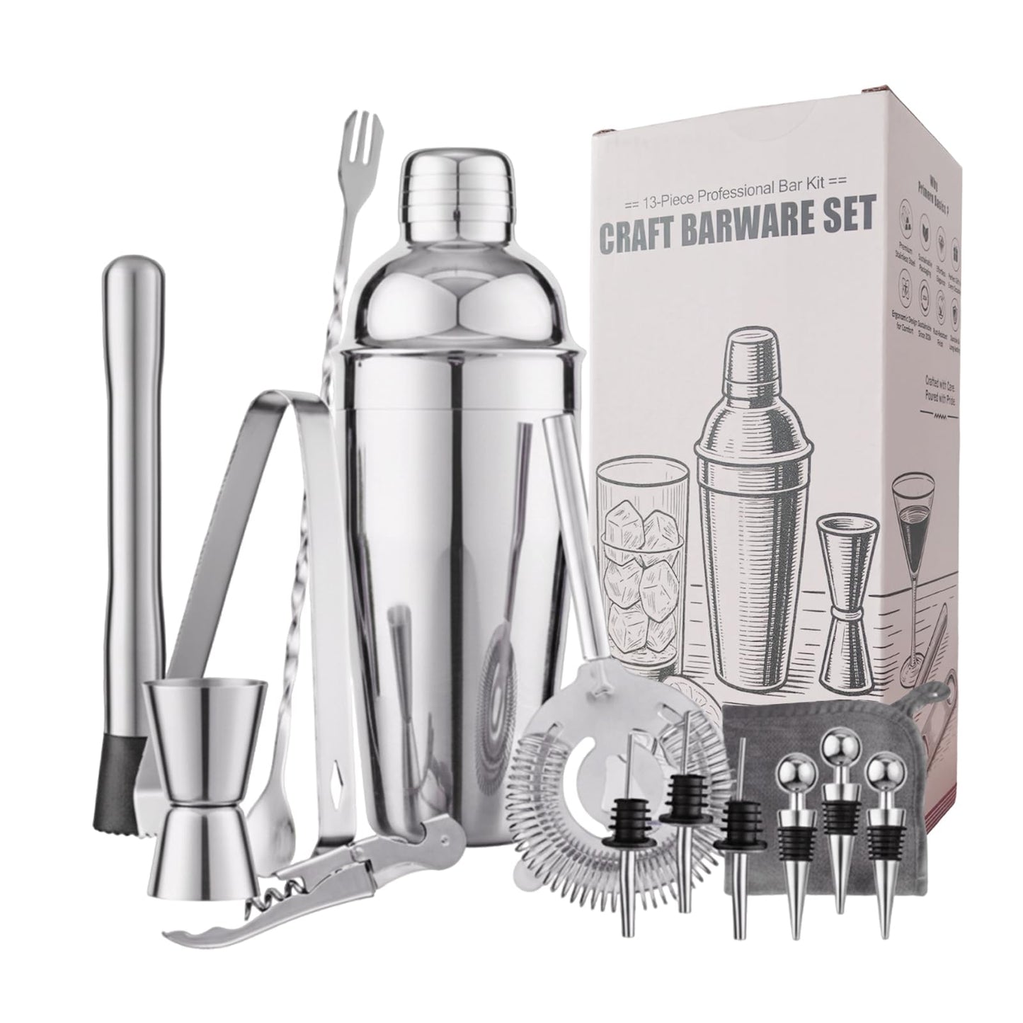 Primero Basics 13-Piece Bartender Kit Bar Tool Set – Boston Cocktail Shaker Set with Muddler,Strainer,Jigger,Spoon–Home Bar Accessories and Drink Mixer Gift for Bartesian,Housewarming, Bar Cart Decor