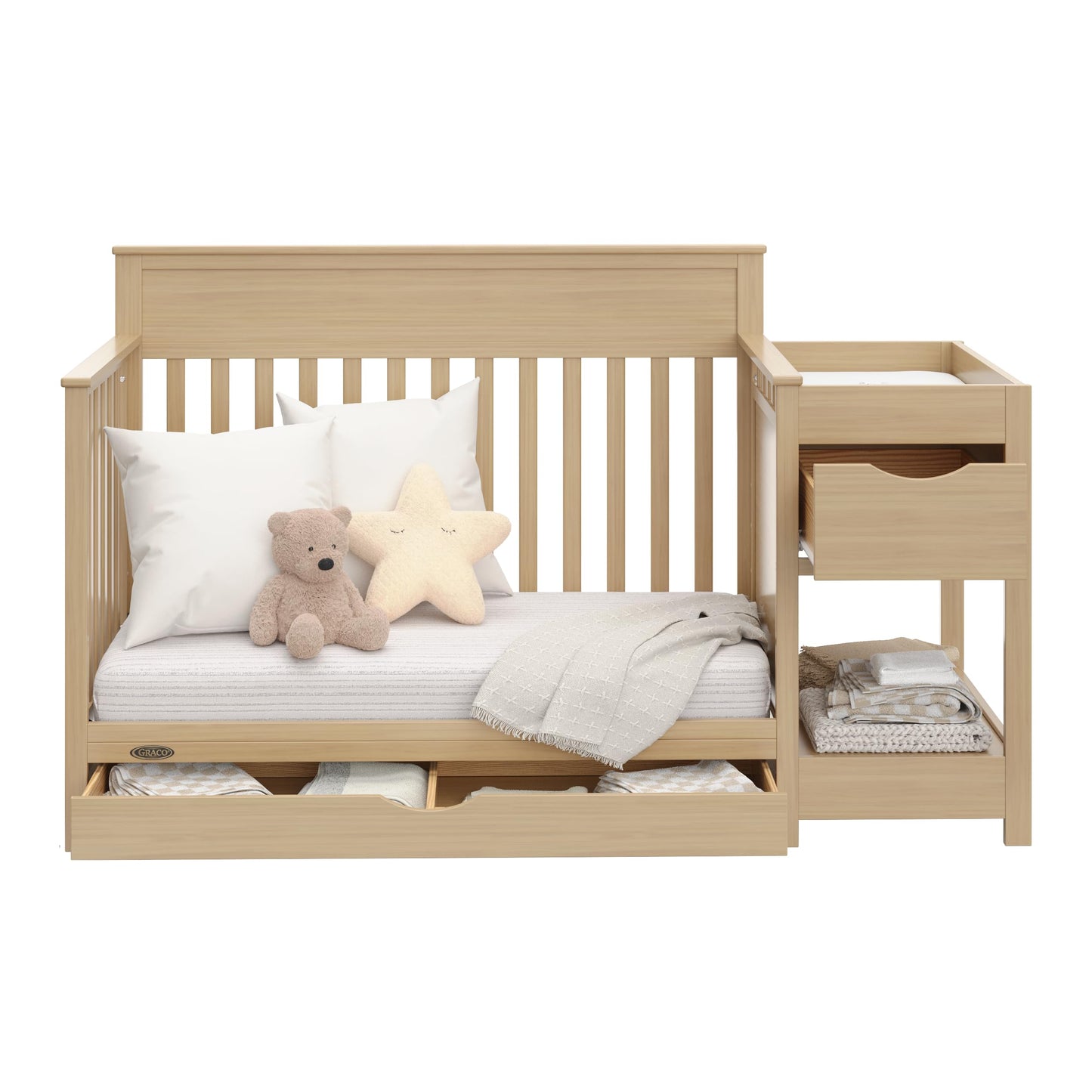 Graco Shiloh 5-in-1 Convertible Crib & Changer with Drawer – GREENGUARD Gold Certified Baby Crib Crafted from Wood, Converts to Toddler Bed, Daybed, and Full-Size Bed (Driftwood)