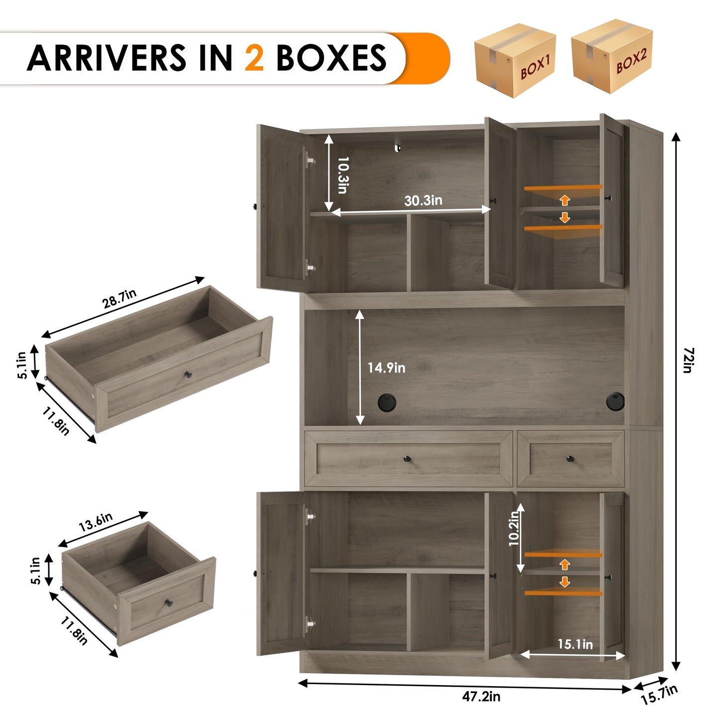 BOTLOG 72" Kitchen Pantry Cabinet, Kitchen Hutch with Microwave Stand, Buffet Cabinet with Hutch for Dining Room, Ash Gray