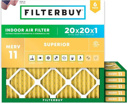 Filterbuy 20x20x1 Air Filter - MERV 11 Pet & Allergy Defense | 6-Pack Electrostatic Pleated HVAC Filters