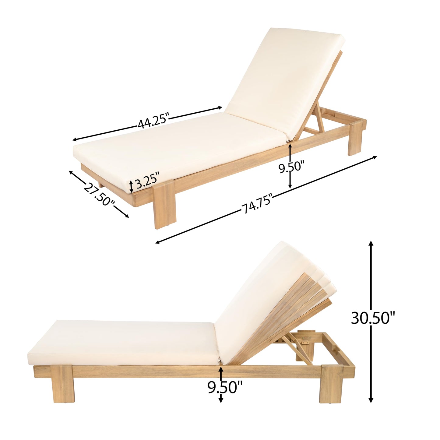 Christopher Knight Home Duska Acacia Wood Chaise Lounge Chair Outdoor, Patio Outdoor Chaise Lounge with Cushions, Adjustable Backrest Single Lounge Sofa, Poolside Seating, Teak+Beige