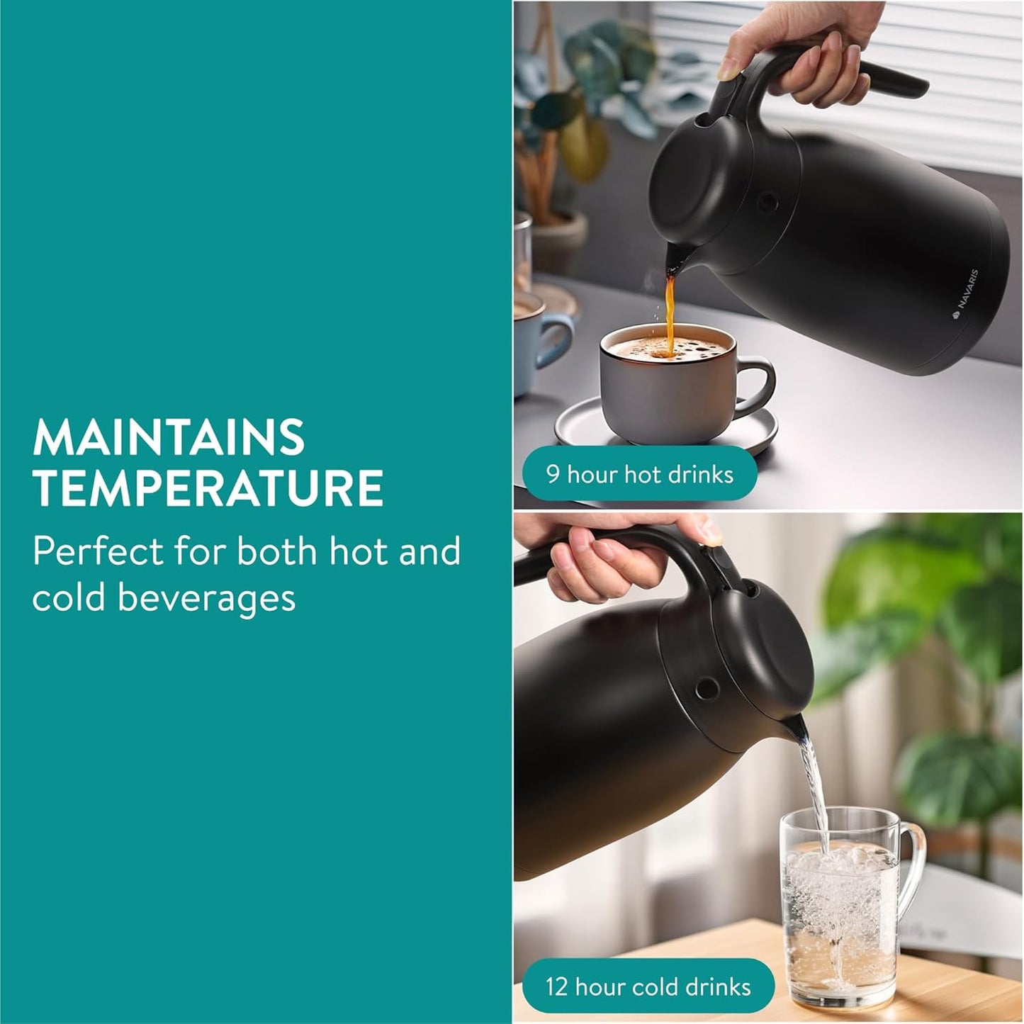 Navaris Insulated Coffee Server, Matte Black Stainless Steel Carafe for Hot & Cold Drinks (1.5 L / 50 oz)