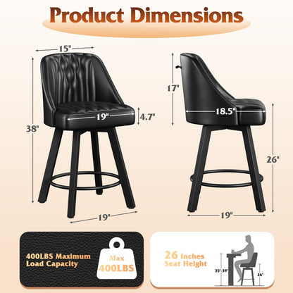 Memobarco Swivel Bar Stools with Backs, 26 Inches Counter Height Bar Stools Set of 3, PU Leather Upholstered Counter Barstools with Metal Legs and Footrest for Kitchen Island, Home Bar, Black