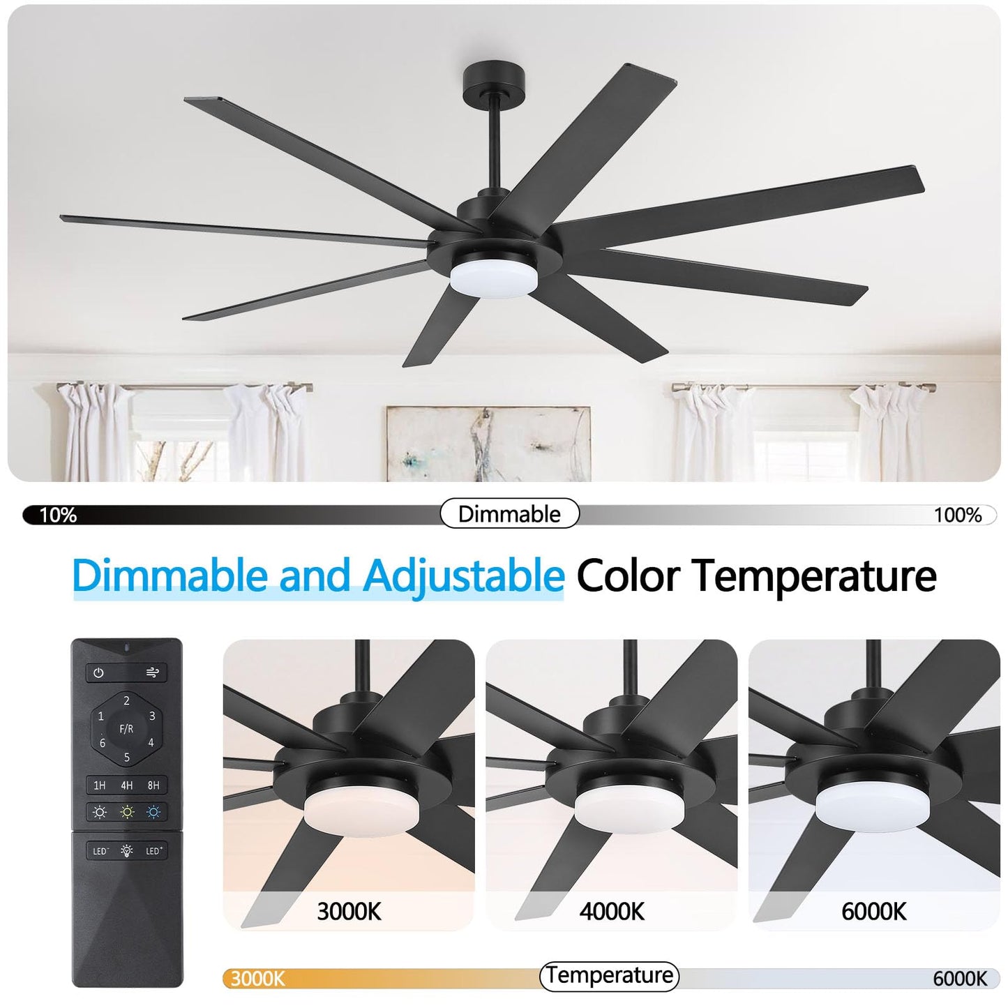 WINGBO 72" Ceiling Fan with Light and Remote Control, 6 Speed Reversible DC Motor, Dimmable LED Light, for Home and Commercial Use, Living Room/Shop/Warehouse Black/Walnut