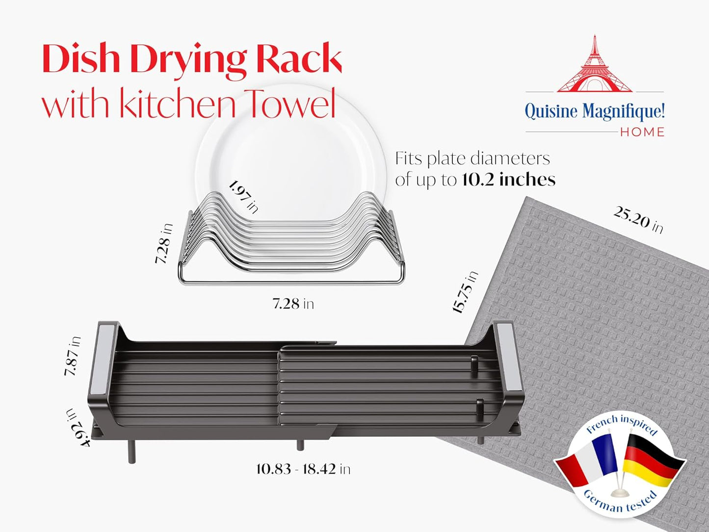 Cuisine Magnifique! Home Dish Drying Rack, Adjustable Length, Includes Kitchen Towel, French-Inspired Space-Saving
