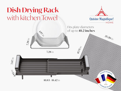 Cuisine Magnifique! Home Dish Drying Rack, Adjustable Length, Includes Kitchen Towel, French-Inspired Space-Saving