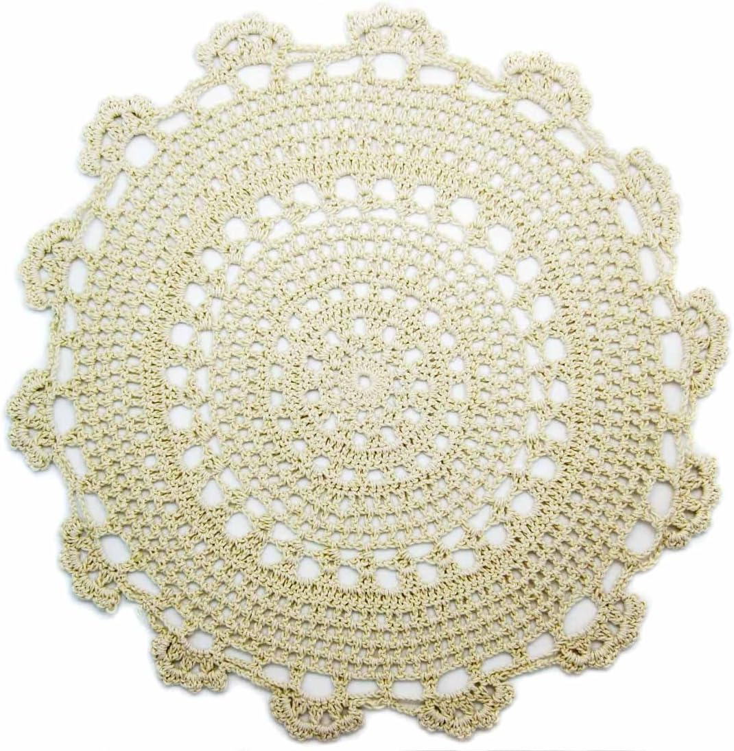 kilofly Handmade Crochet Round Cotton Lace Table Placemats Doilies Value Pack, 4 Medallion, 13 x 13 Inch, Beige