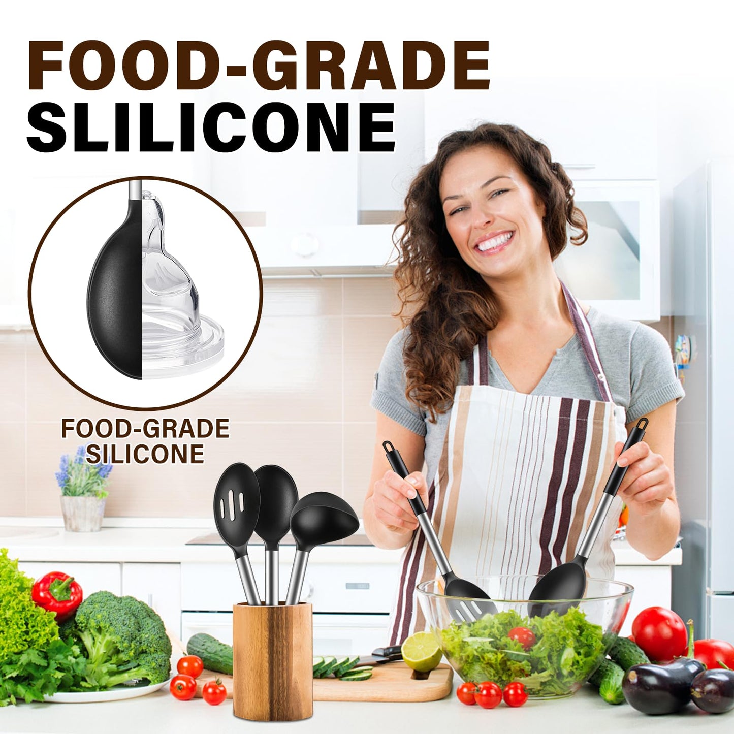 3 Pcs Silicone Cooking Spoon Set, Kitchen Utensils Include Solid & Slotted Spoon, Soup Ladle, Food-Grade Heat Resistant, Non-Scratch Spoons for Serving, Stirring, Draining, Dishwasher Safe, Black