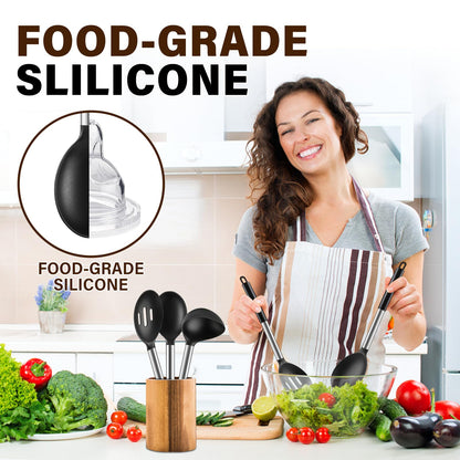 3 Pcs Silicone Cooking Spoon Set, Kitchen Utensils Include Solid & Slotted Spoon, Soup Ladle, Food-Grade Heat Resistant, Non-Scratch Spoons for Serving, Stirring, Draining, Dishwasher Safe, Black