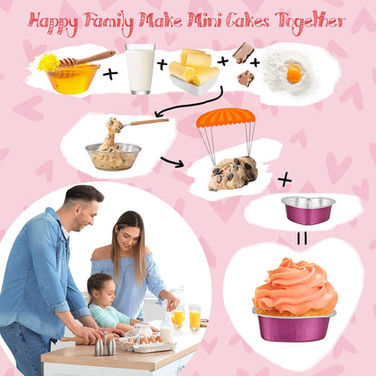 Honeydak Heart Shape Cake Pan, Aluminum Foil Mini Cake Cup with Lids, 100ml Disposable Baking Cups, 3 Colors (48 Sets)