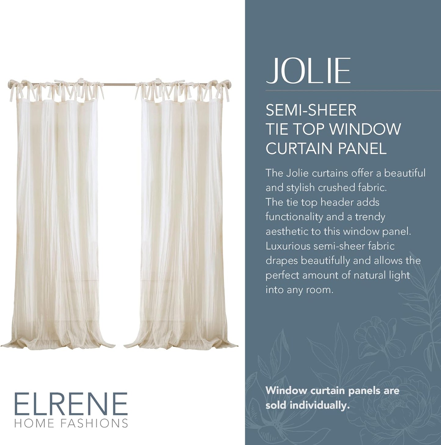 Elrene Home Fashions Jolie Crushed Semi-Sheer Window Curtain, 52" x 84", Adjustable Tie-Top