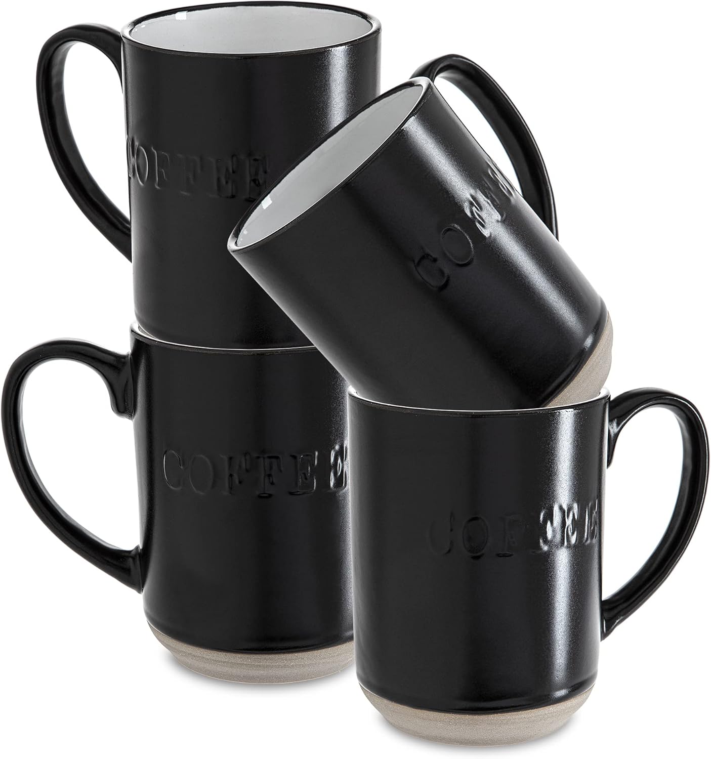Sheffield Home Set of 4 Stoneware Coffee Mugs, Printed Tea Cups, Latte Mugs 16 oz (Black)