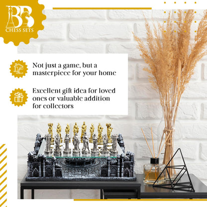 BB Chess Sets - Renaissance Knight 3D Chess Set – Unique Chess Board Set - Durable Gold and Silver Metal Pieces - Tempered Glass Board and Polyresin Base