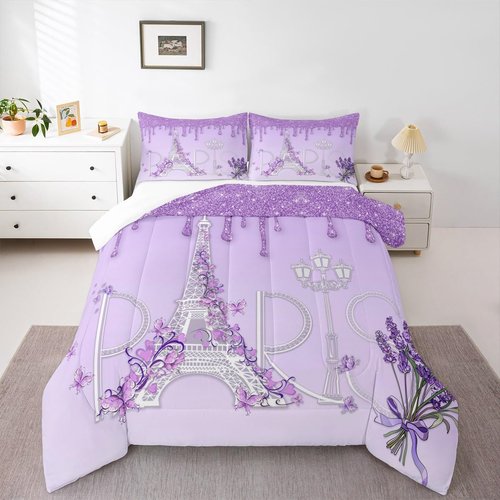 Castle Fairy Paris Comforter Set Twin Size,Eiffel Tower Bedding Set 2pcs for Kids Teens Girls Women Room Decor,Purple White Gradient Glitter Quilt Set Modern Romantic French Duvet Insert,1 Pillowcase